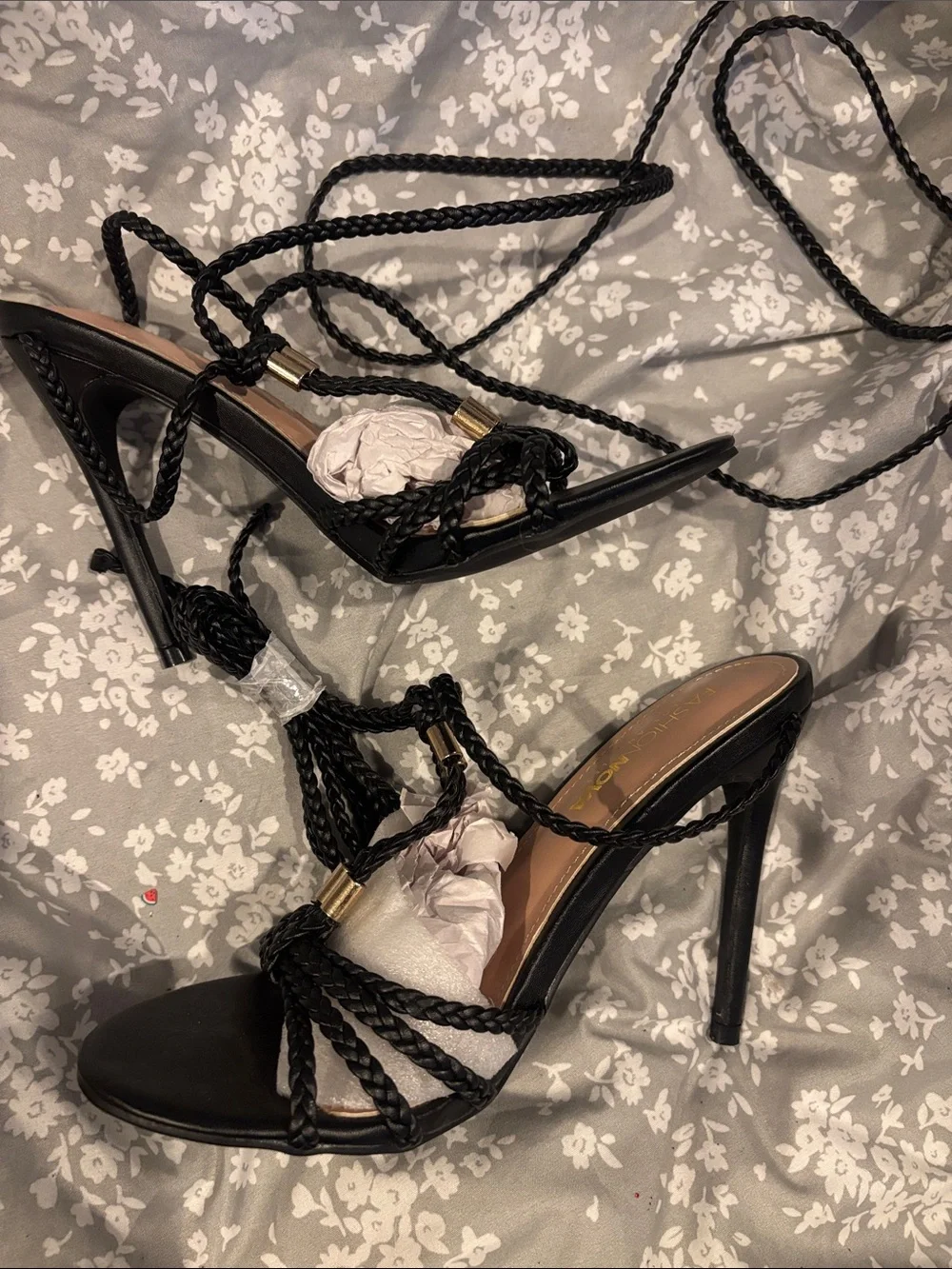 Fashion Nova Black Braided Lace-Up Heels with Gold Accents